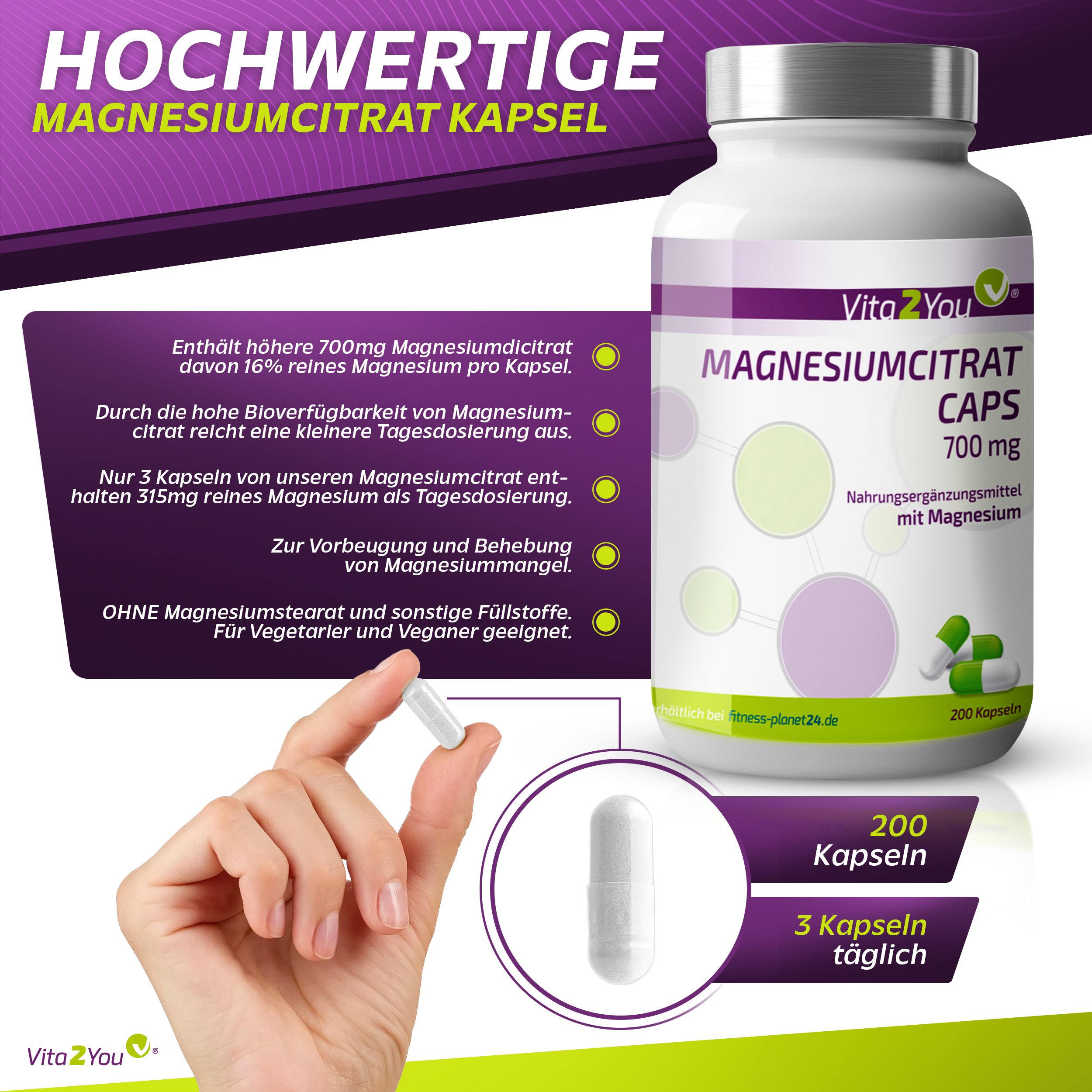 Vita2You Magnesiumcitrat Kapseln 700mg