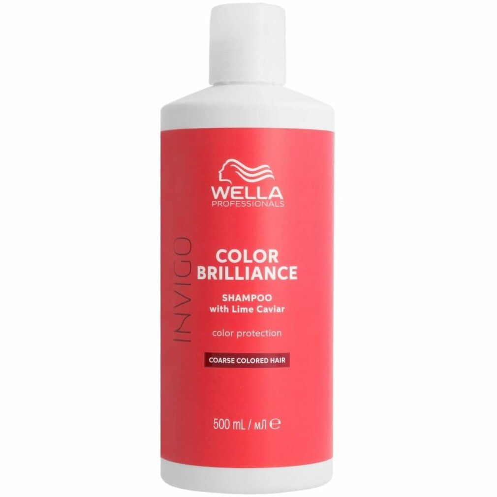 Rote Shampoo-Flasche mit weißem Deckel. Aufschrift: Color Brilliance Shampoo with Lime Caviar. Coarse Colored Hair.