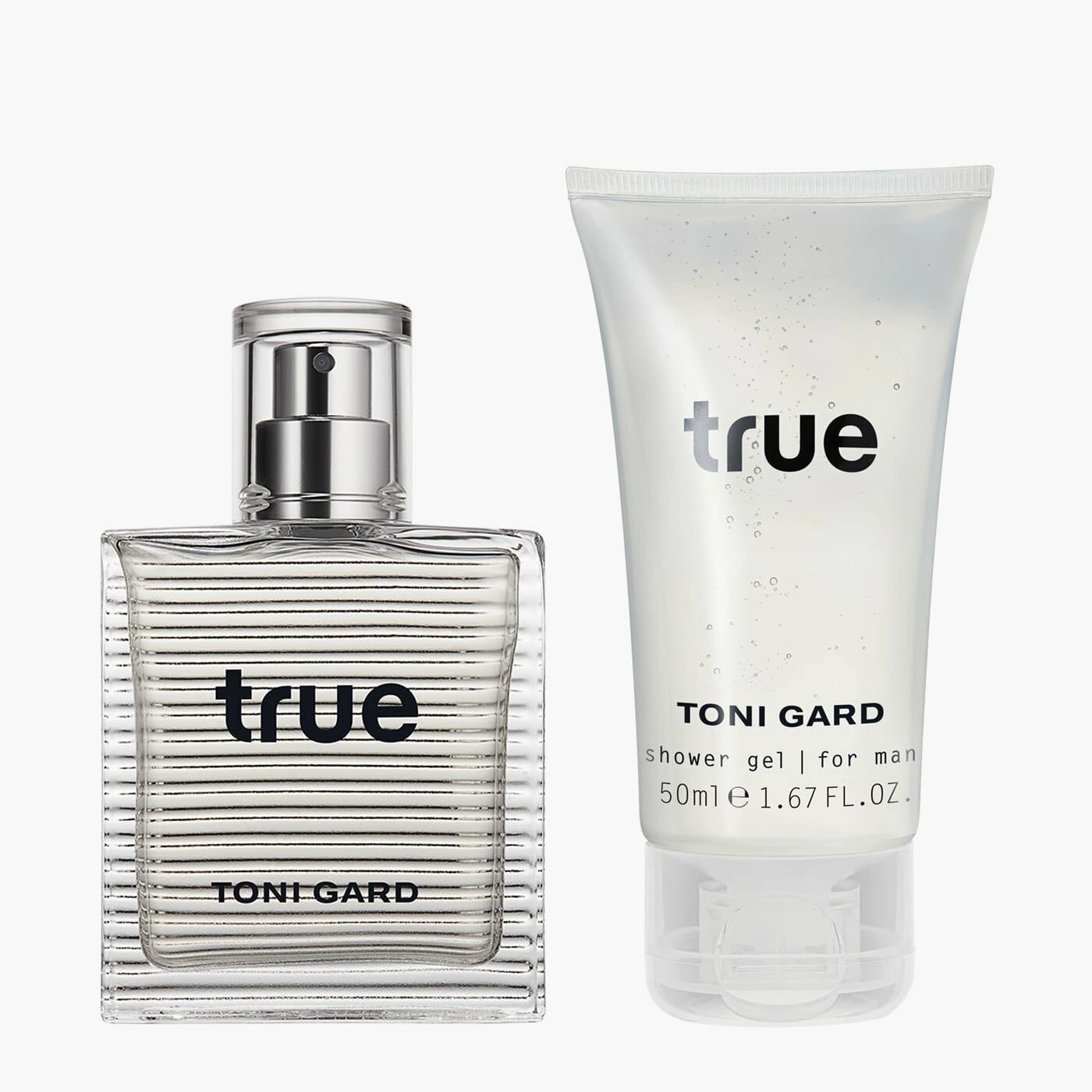 Eau de Toilette und Duschgel nebeneinander. Flakon und Tube mit Schriftzug "true" und "TONI GARD".