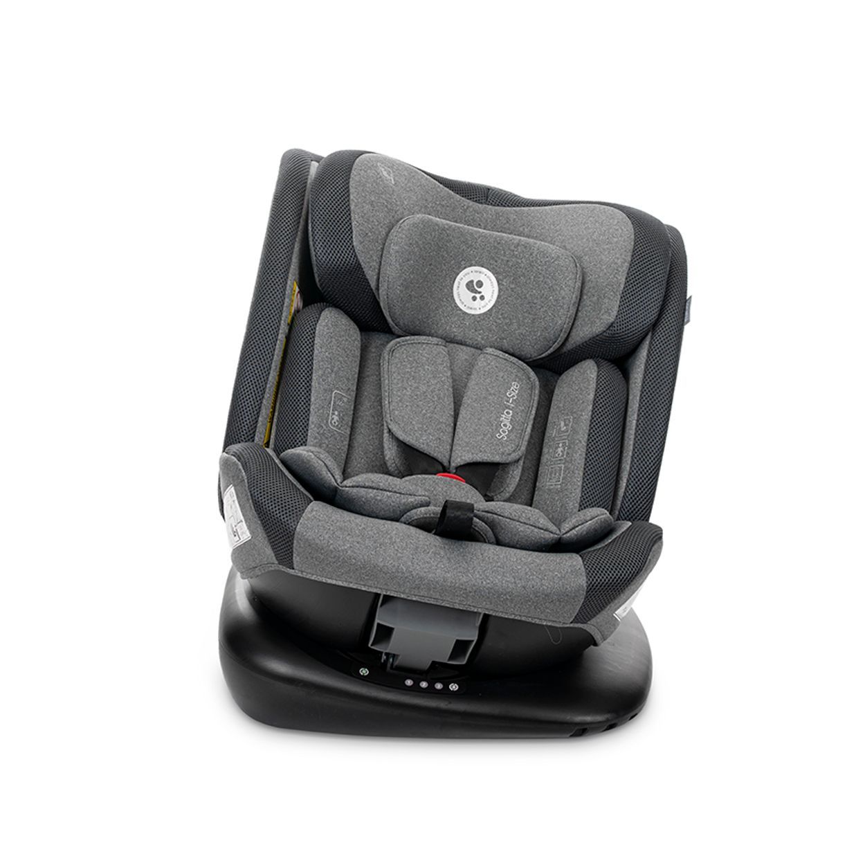Grauer Kindersitz mit drehbarer Basis und verstellbarem Gurt.