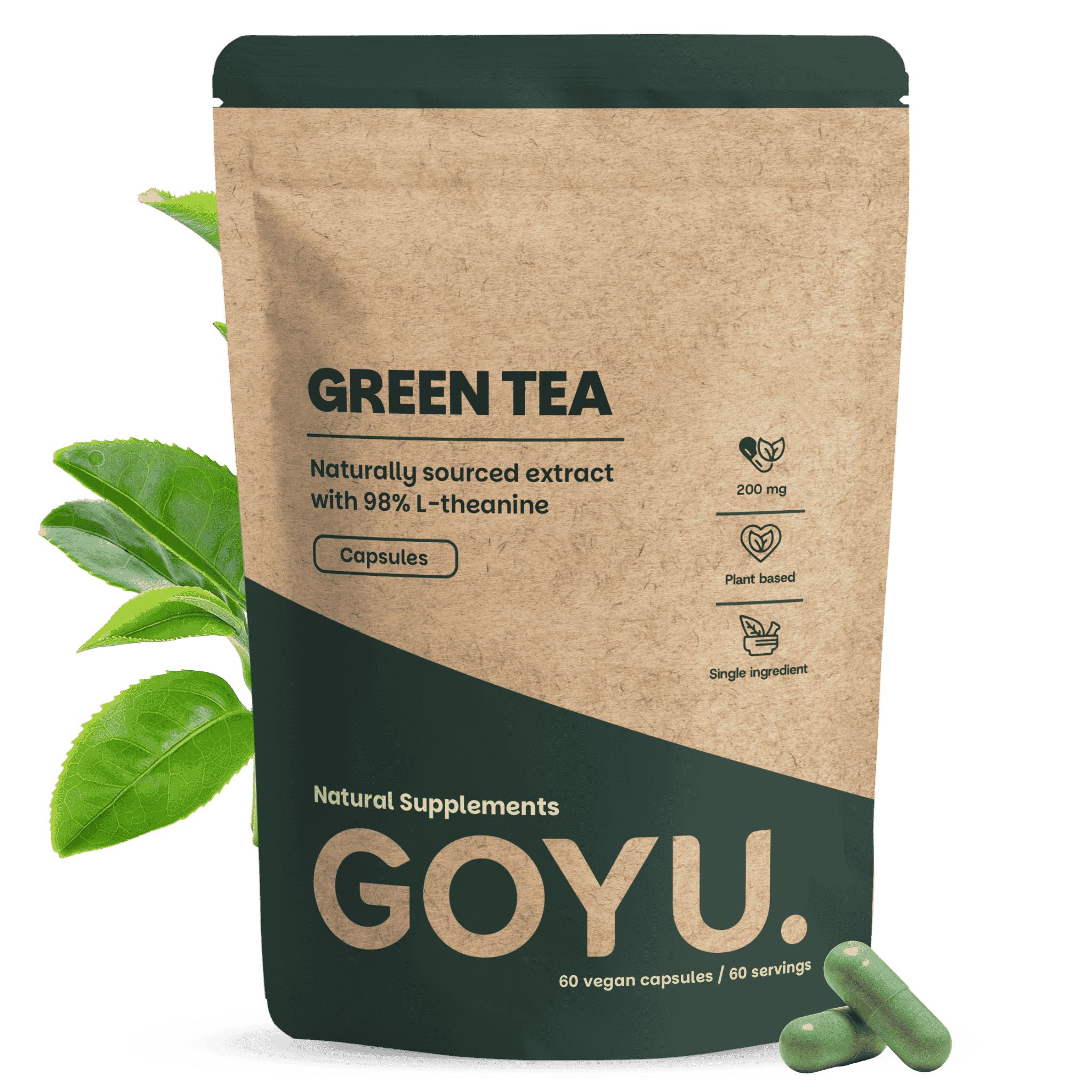 Grüner Tee Extrakt Kapseln 500 mg (L-Theanin) in brauner Papiertüte. 60 vegane Kapseln.
