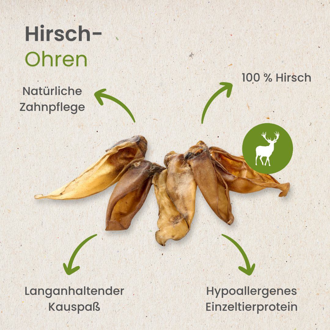 Fünf Hirsch-Ohren, natürlich, für Zahnpflege und langanhaltenden Kauspaß. 100% Hirsch.