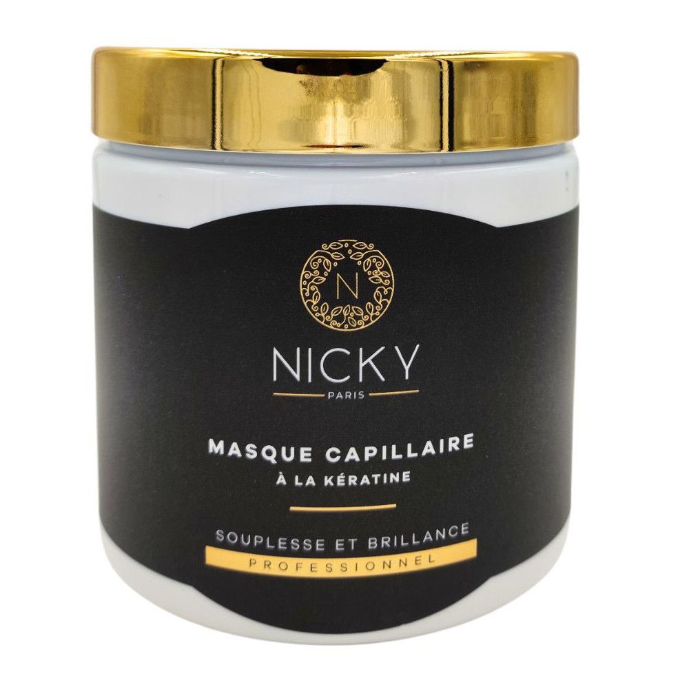 Runde, weiße Dose mit schwarzem Etikett und goldenem Deckel. Aufschrift: NICKY PARIS, MASQUE CAPILLAIRE À LA KÉRATINE.