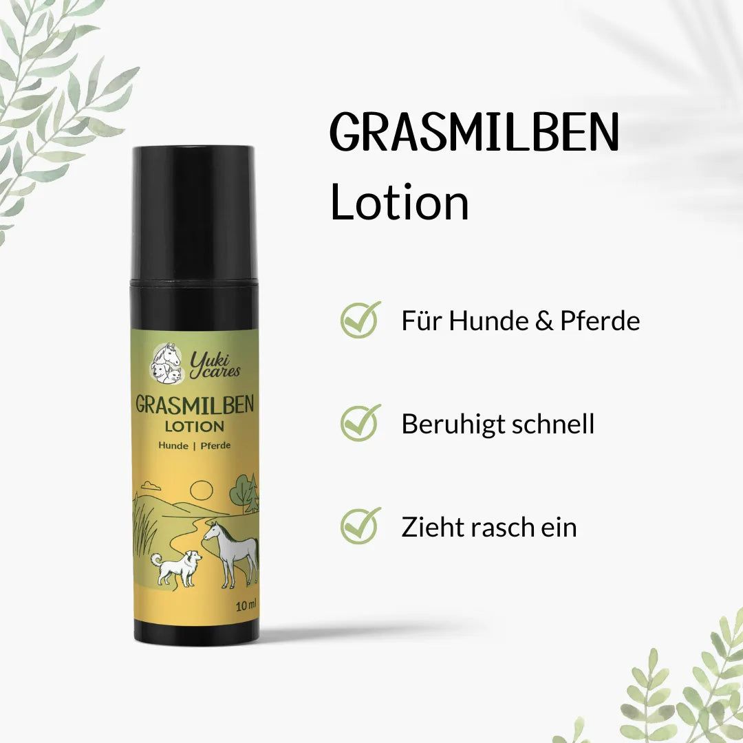 Lotion-Flasche mit Text: Grasmilben Lotion, Hunde & Pferde. Logo: Yuki cares. Grüne Häkchen mit Text: Für Hunde & Pferde, beruhigt schnell.