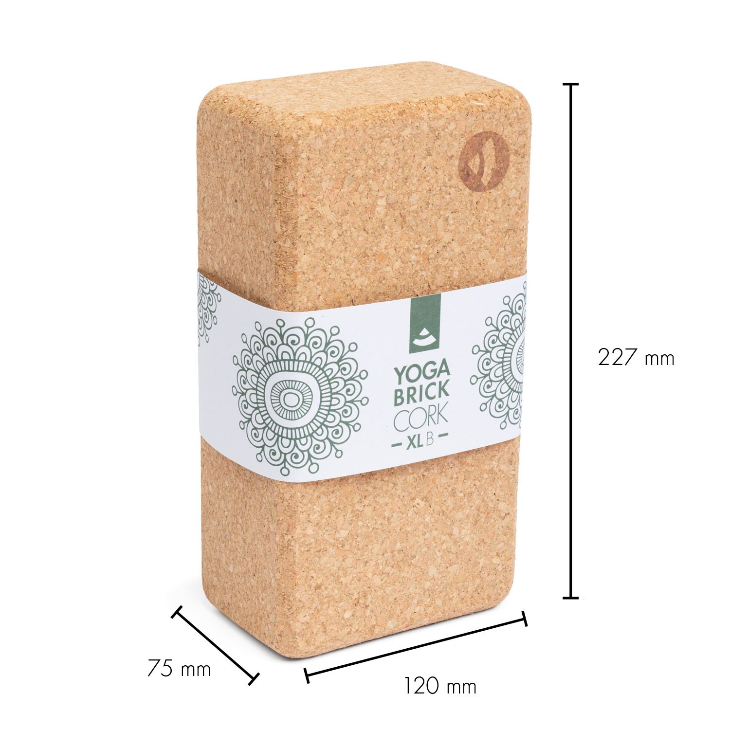 Brauner Yogablock aus Kork. Rechteckige Form mit abgerundeten Kanten. Maße: 227x120x75mm. Logo auf der Oberseite.