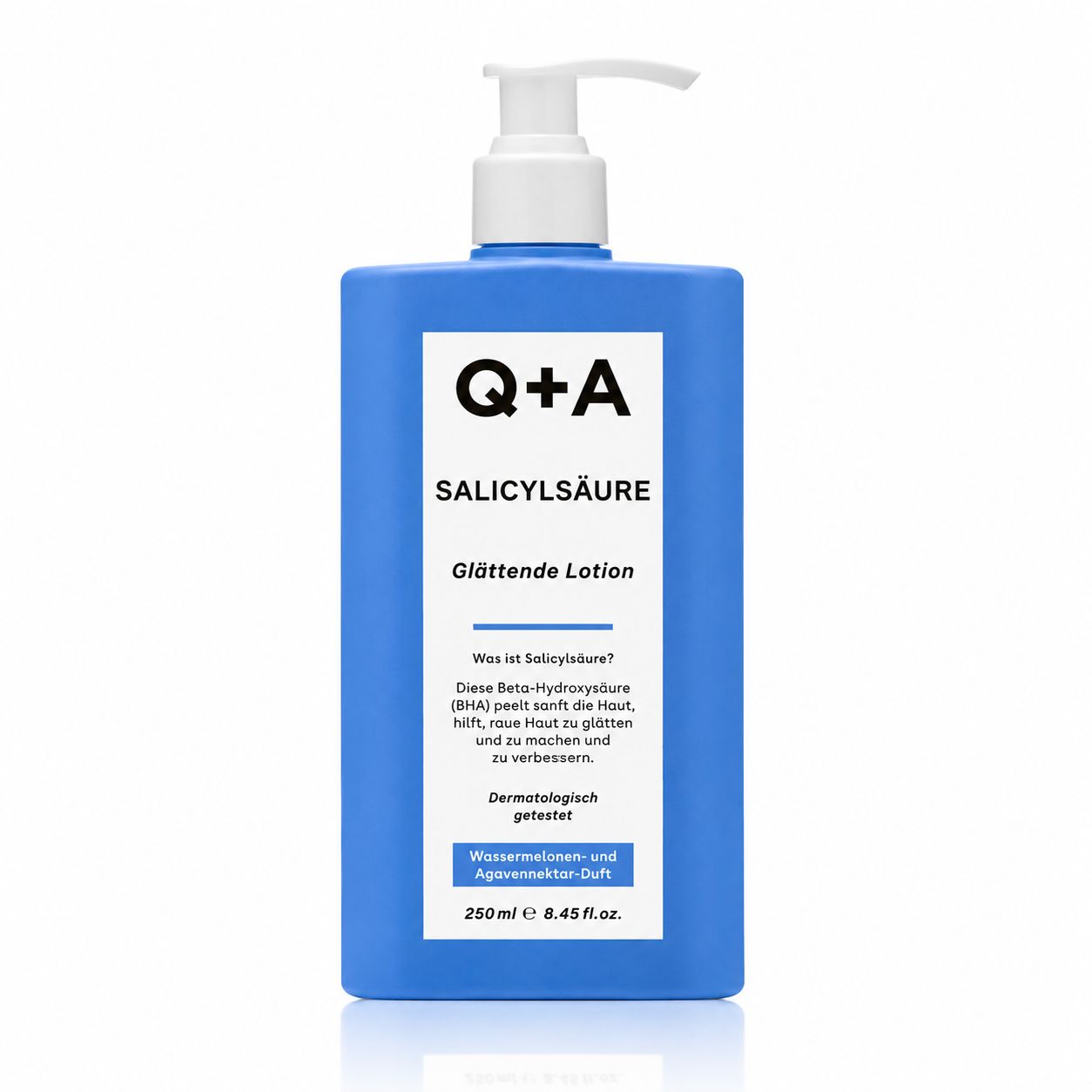 Q+A Salicylsäure Glättende Lotion in blauem Spenderflakon, 250ml.