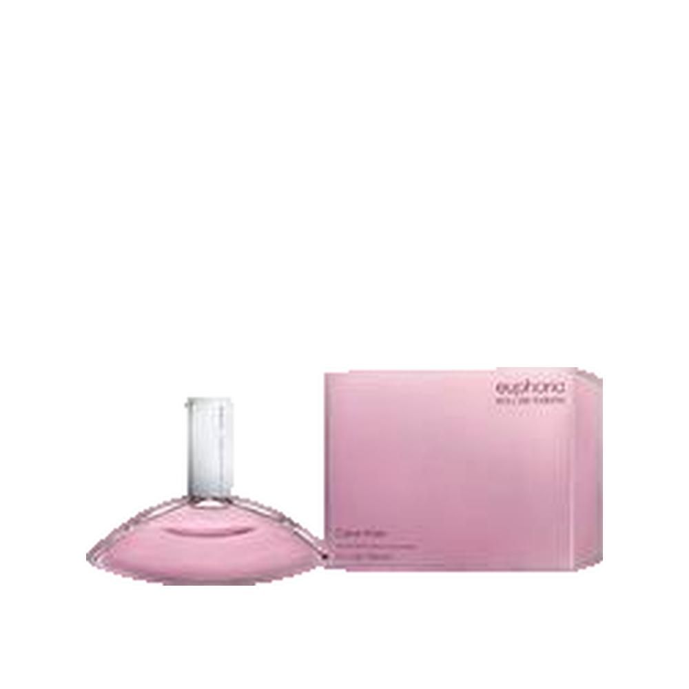 Rosa Parfumflasche und Verpackung. Flasche mit weißem Verschluss. Verpackung mit Euphoria-Schriftzug und Calvin Klein-Logo.