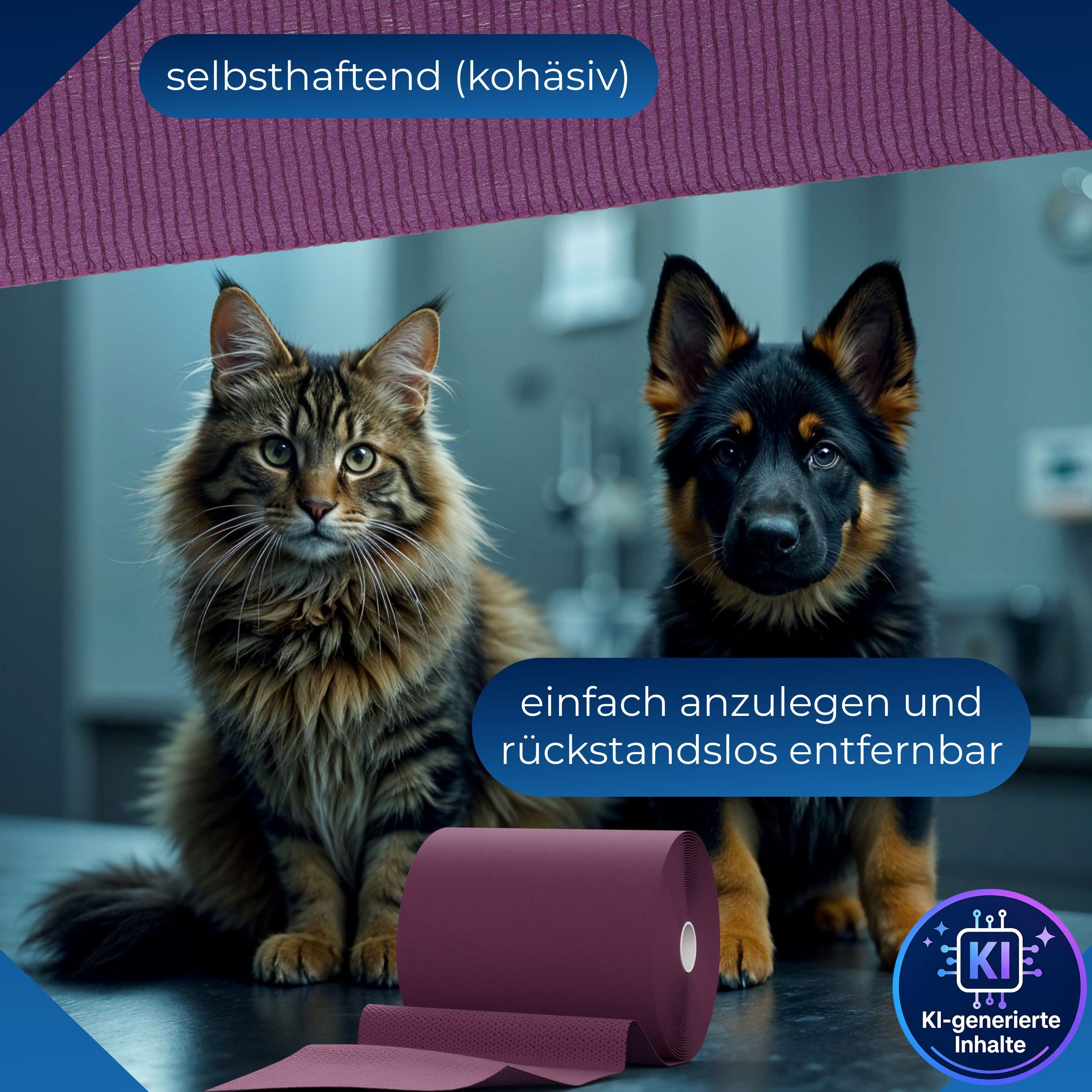 Violette, selbsthaftende Fixierbinde auf Rolle neben einem Maine Coon Kater und einem Deutschen Schäferhund Welpen.