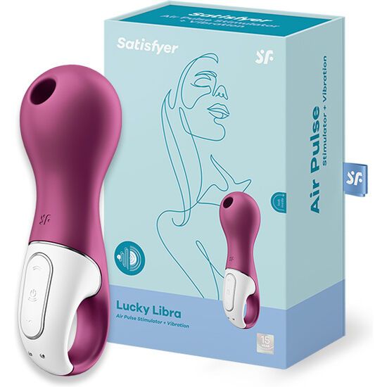 Lila-weißes Wellness-Produkt mit abgerundeter Form und Ring. Verpackung mit Produktabbildung und Schriftzug "Satisfyer Lucky Libra".