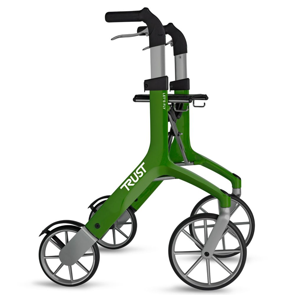 Grüner Rollator mit vier Rädern, höhenverstellbarem Griff und Sitzfläche. Marke: TRUST.