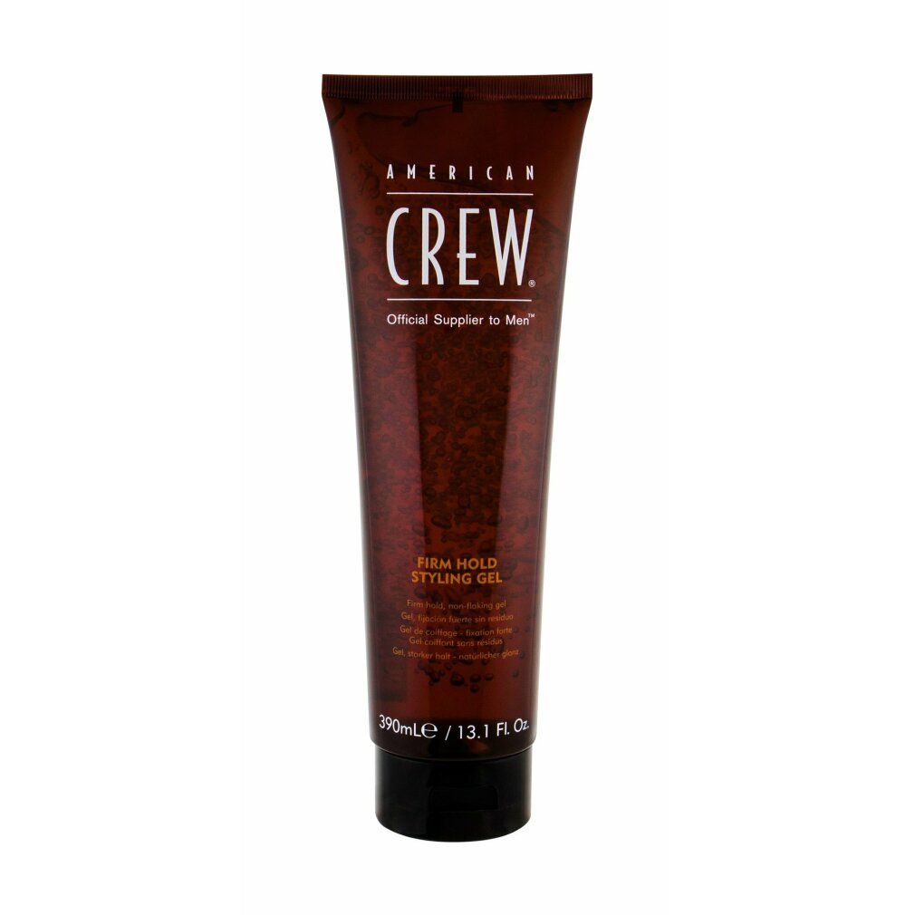 Braune Tube mit weißem Schriftzug AMERICAN CREW. Aufschrift: Firm Hold Styling Gel. Schwarzer Deckel. Volumenangabe: 390ml / 13.1 Fl. Oz.
