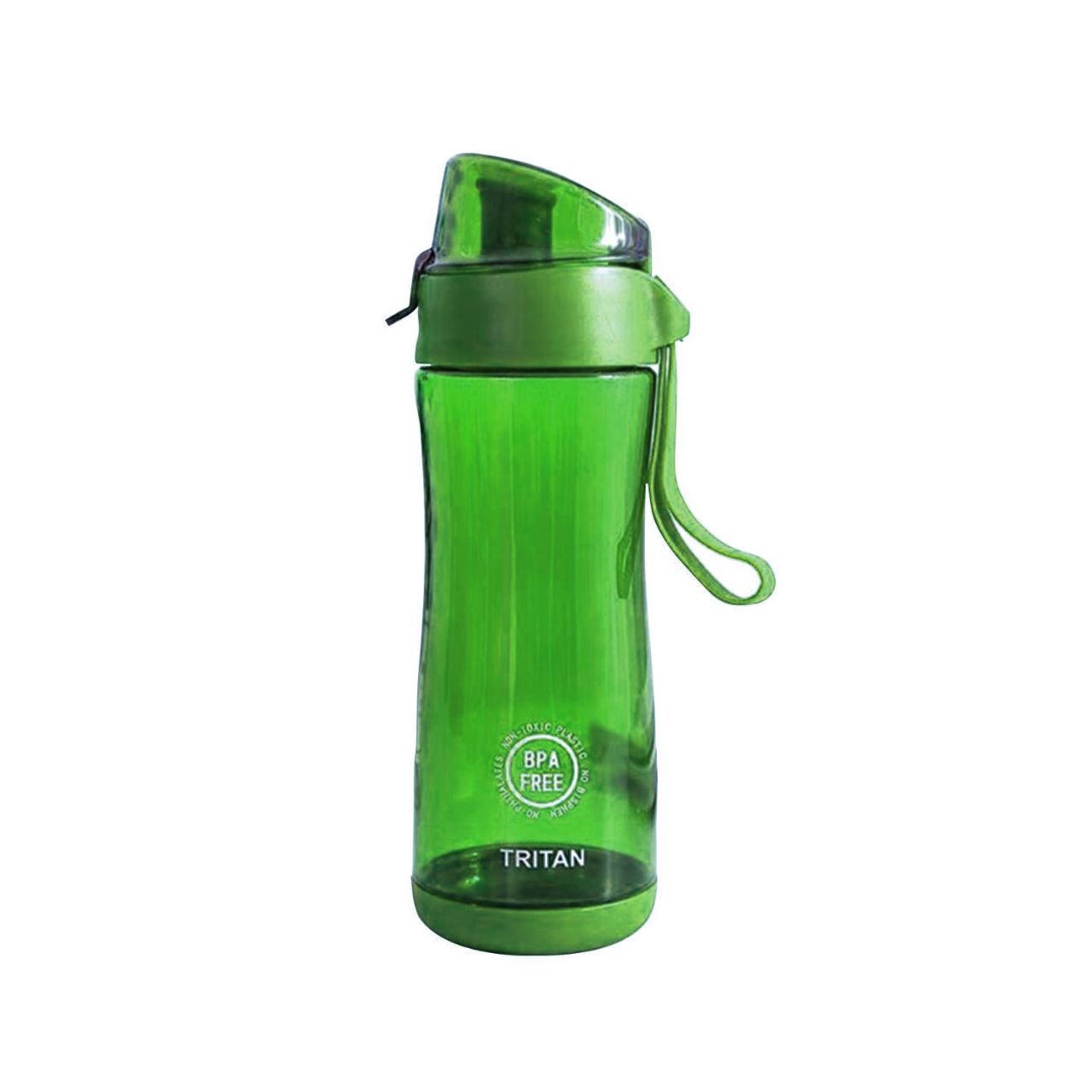Grüne Trinkflasche mit Klappdeckel und Trageschlaufe. BPA-frei-Siegel und Tritan-Schriftzug.