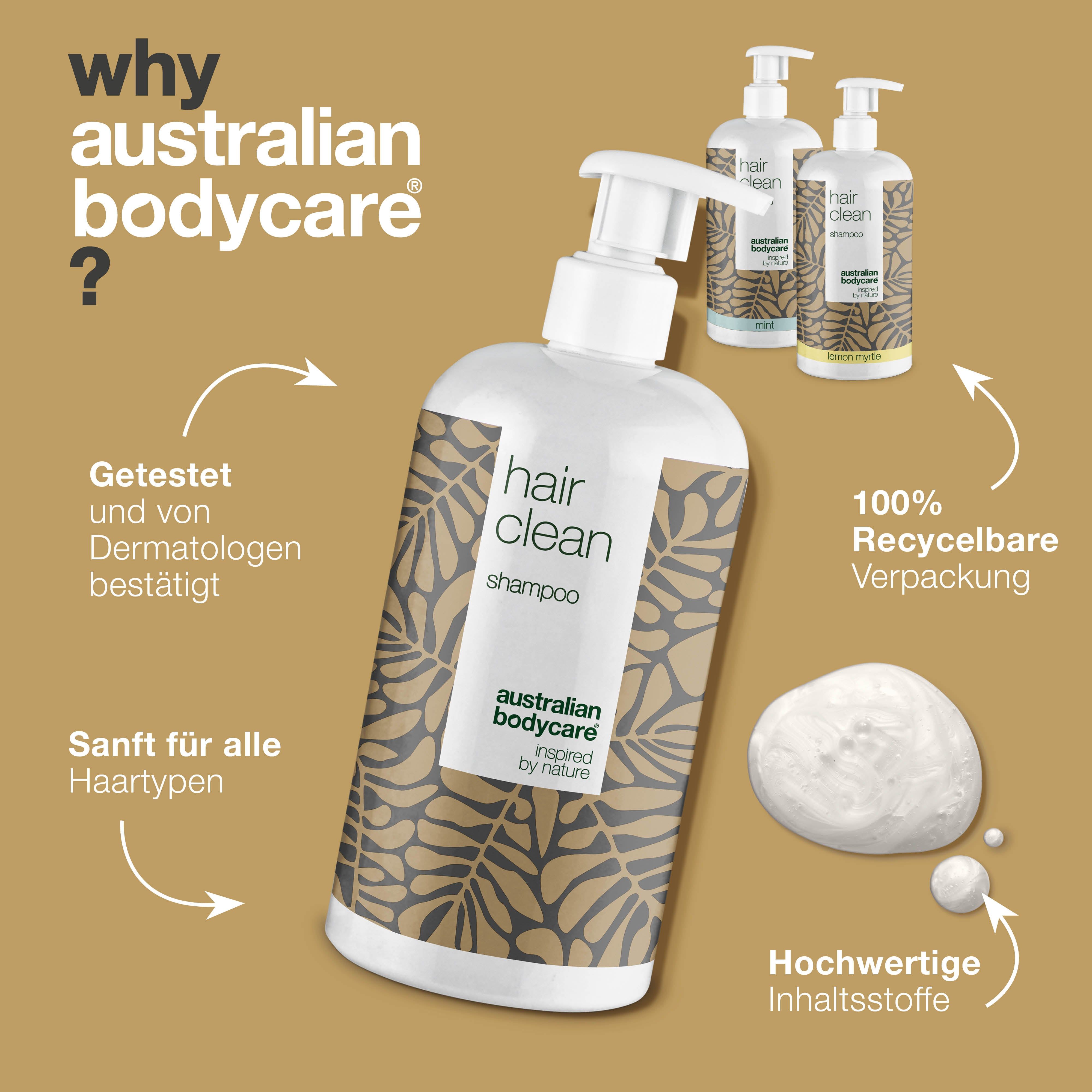 Text: Warum Australian Bodycare? Getestet und von Dermatologen bestätigt. 100% recycelbare Verpackung.