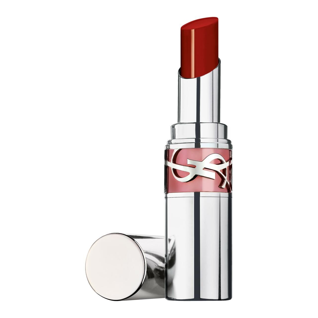 Roter Lippenstift in silberner Hülse. Deckel daneben. YSL-Logo sichtbar.