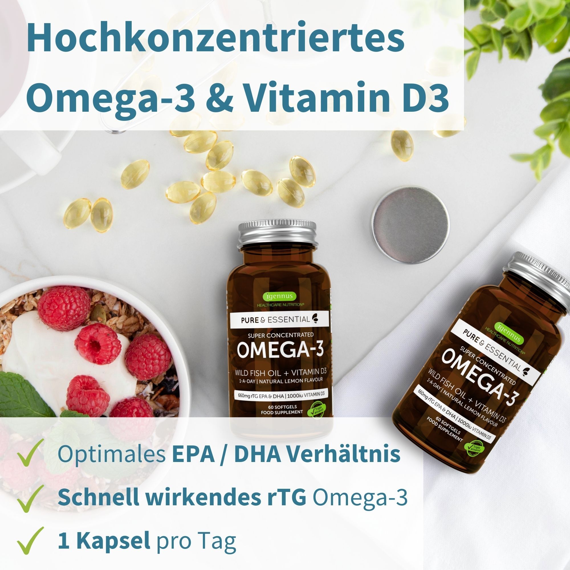Igennus Omega-3 Fischöl mit D3 1000 IE, 1-mal täglich, IFOS-zertifiziert
