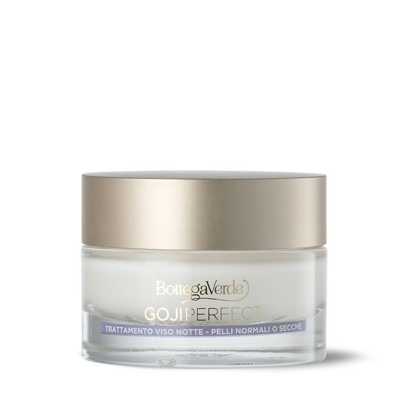 Bottega Verde Goji Perfect, trattamento viso notte per pelli normali o secche. Confezione in vetro con coperchio dorato. Sono visibili il nome del marchio e del prodotto. Il testo sottostante descrive l'uso.