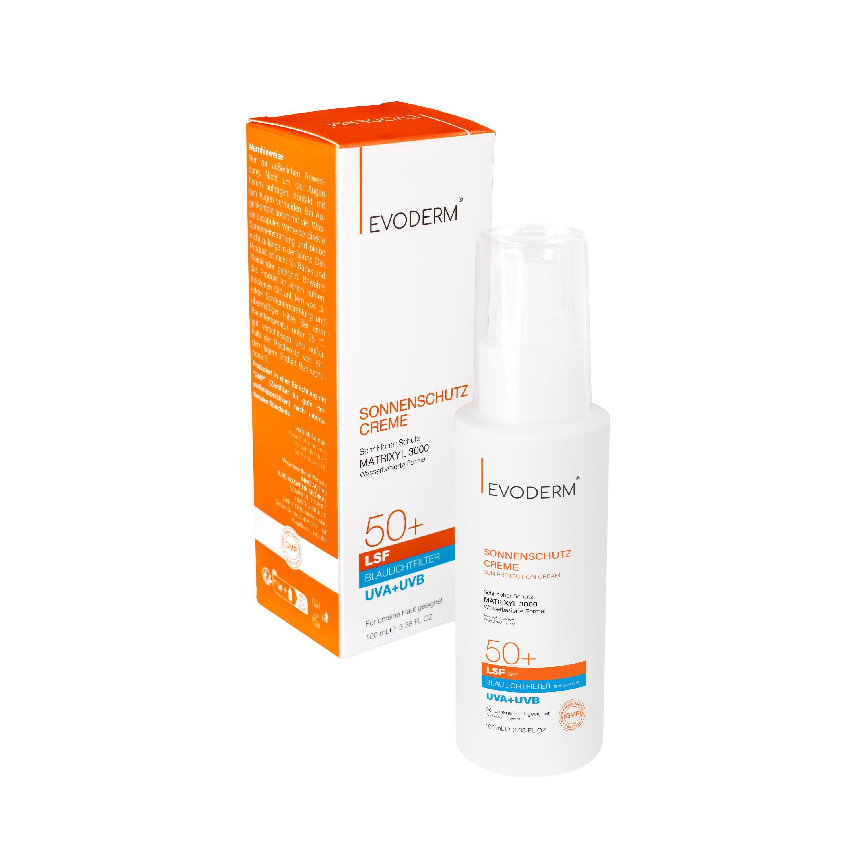 Sonnencreme-Flasche und -Verpackung. Text: LSF 50+, UVA+UVB. Marke: Evoderm.