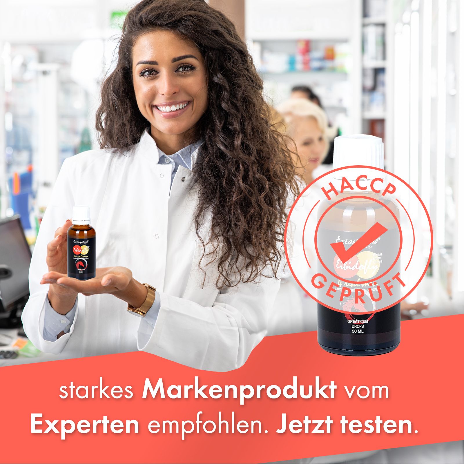 Apothekerin mit Libidofly®-Flasche. Text: Starkes Markenprodukt vom Experten empfohlen. HACCP-Zertifizierung.