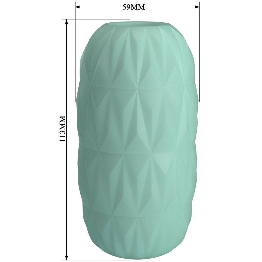 Türkisfarbener Masturbator mit geometrischem Muster. Zylindrische Form. Abmessungen: 113mm hoch, 59mm breit. Schwarze Linien.