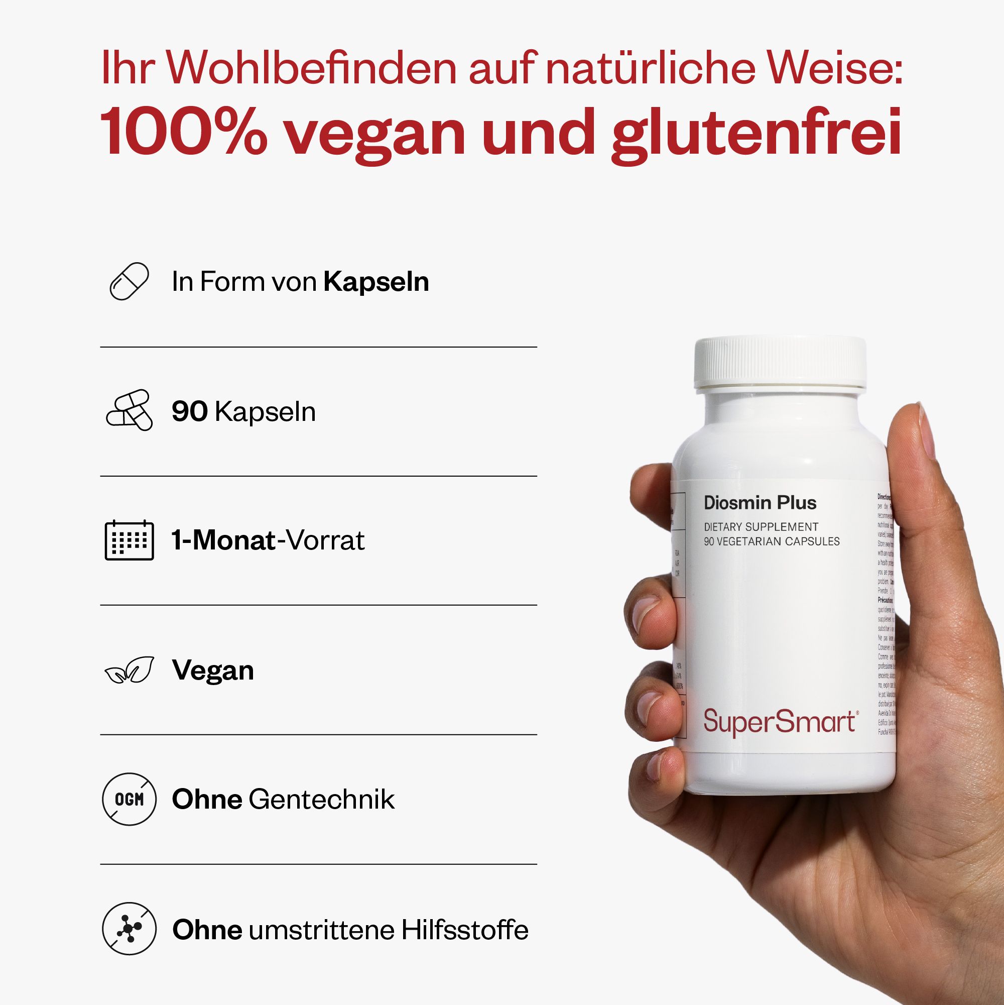 Weiße Flasche Diosmin Plus, 90 Kapseln, vegan, glutenfrei. Hand hält Flasche. SuperSmart-Logo. Zusätzliche Textfelder.