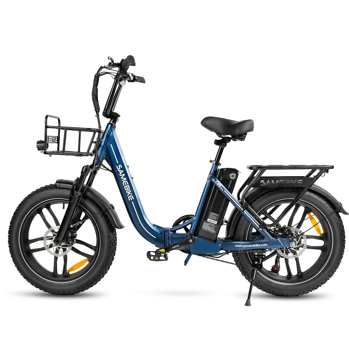 Blaues Elektrofahrrad mit schwarzem Korb, Reifen und Sattel. Marke SAMEBIKE.