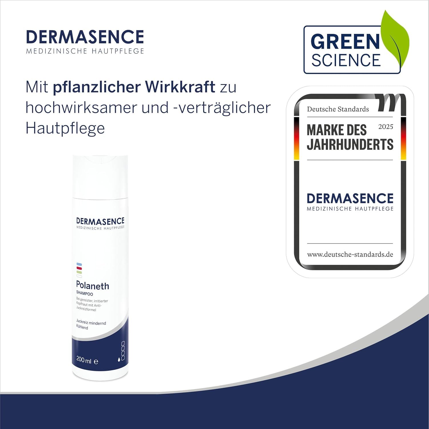 Weiße Flasche mit Produktetikett, Marke DERMASENCE, Text Polaneth Shampoo. Siegel: Marke des Jahrhunderts. Grün-Siegel.