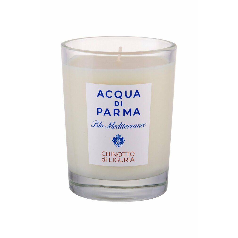 Kerze in Glas. Aufschrift: Acqua di Parma Blu Mediterraneo Chinotto di Liguria.