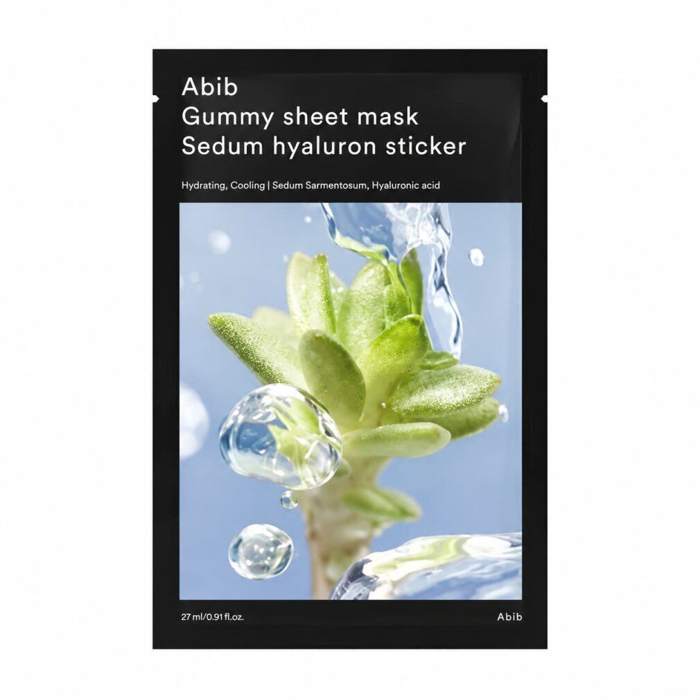 Abib Gummy Sheet Mask Sedum Hyaluron Sticker Packung mit Pflanze und Wassertropfen.