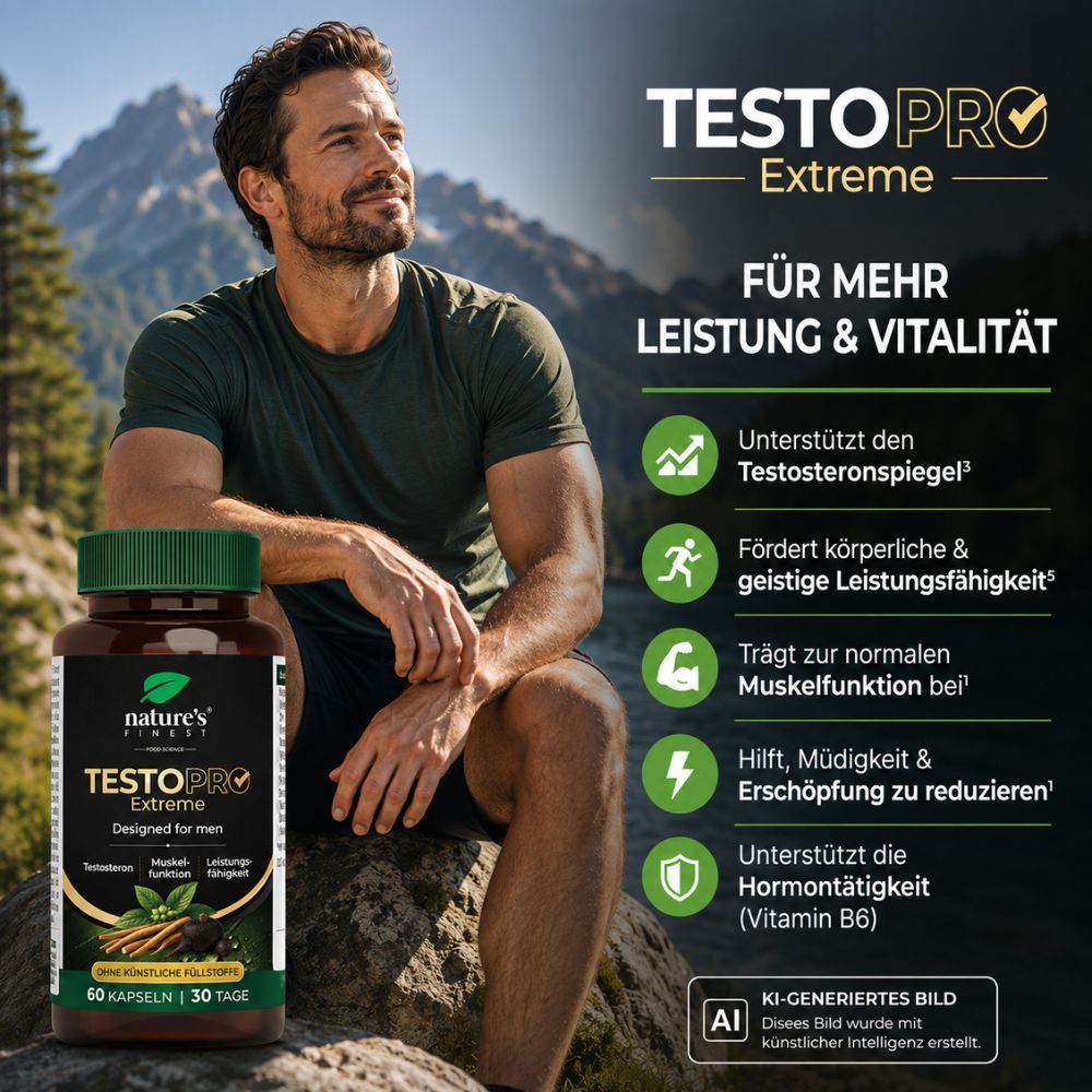 Flasche mit Testopro Extreme Kapseln, 60 Stück. Mann im Hintergrund.