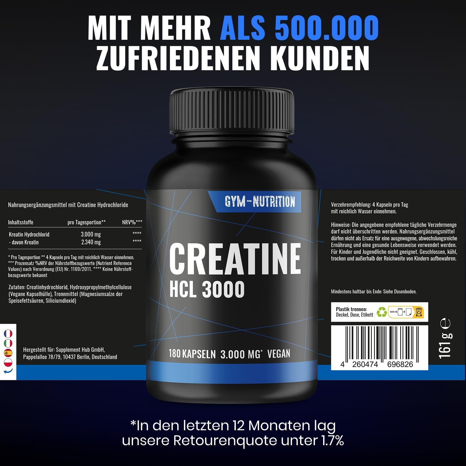 Kapsel-Dose mit blauem Etikett. Aufschrift: CREATINE HCL 3000, 180 Kapseln, vegan. Marke: GYM-NUTRITION. Text: Mit mehr als 500.000 zufriedenen Kunden.