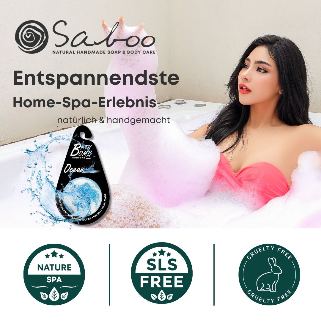 Frau in Badewanne mit Schaum. Produktverpackung: Bath Bomb, Ocean. Logos: Nature Spa, SLS Free, Cruelty Free.