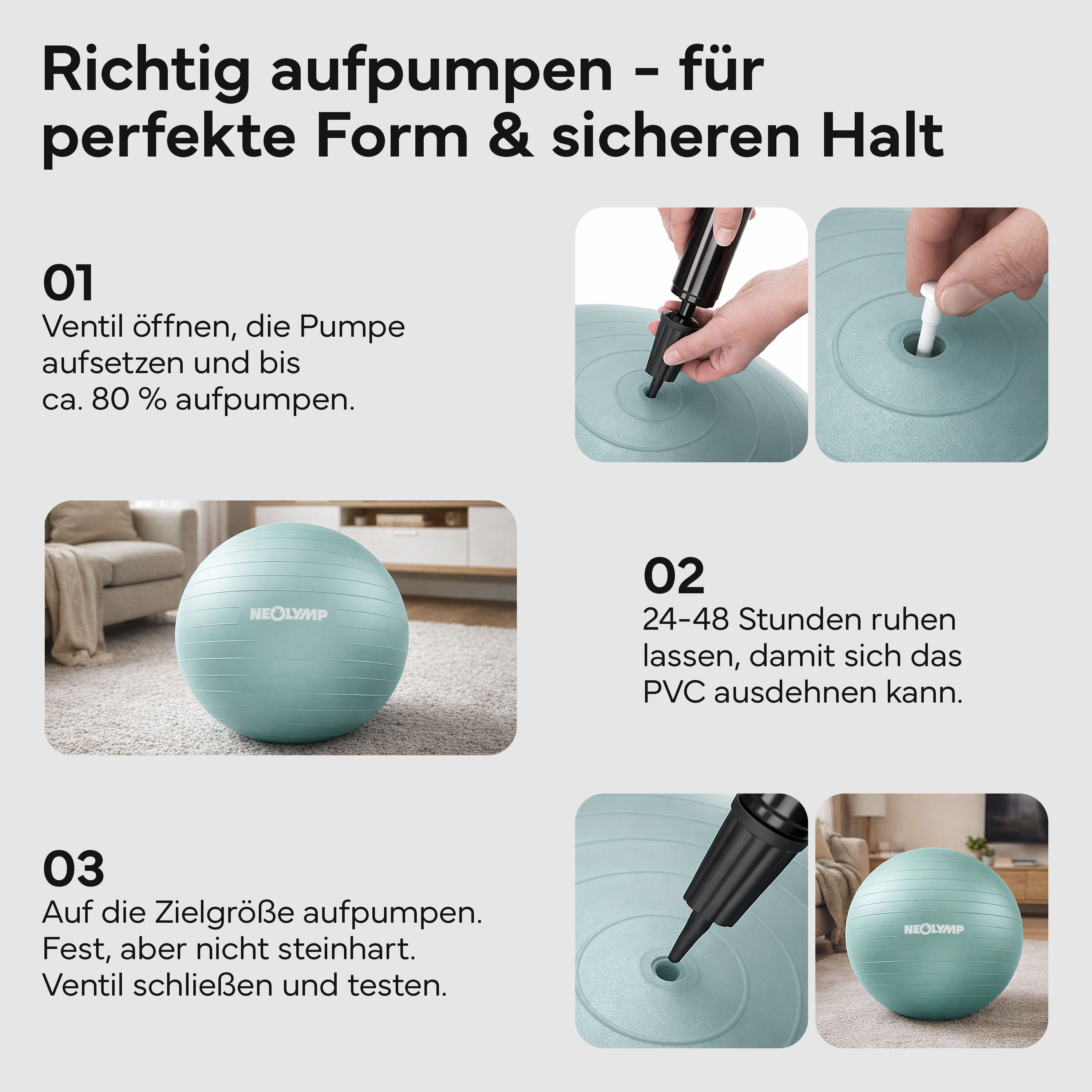Anleitung zum Aufpumpen eines Gymnastikballs in drei Schritten.
