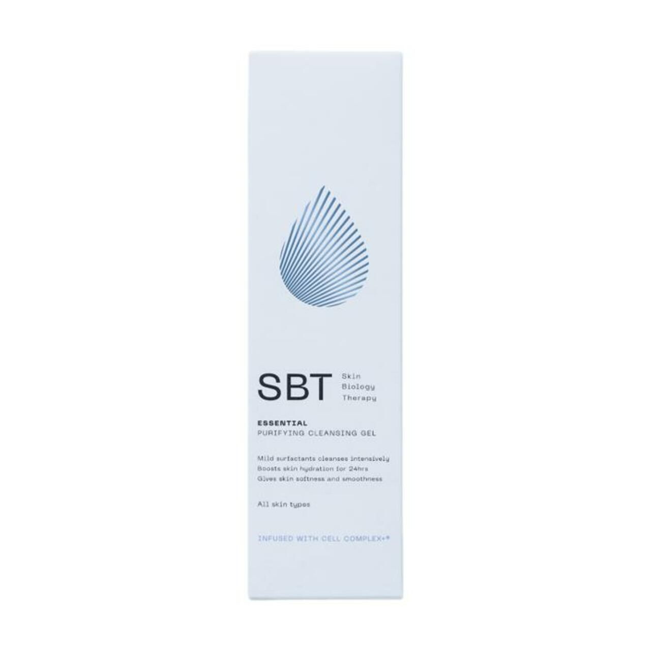 Weiße Verpackung mit SBT-Logo und Produktbezeichnung: Purifying Cleansing Gel. Tropfen-Logo.