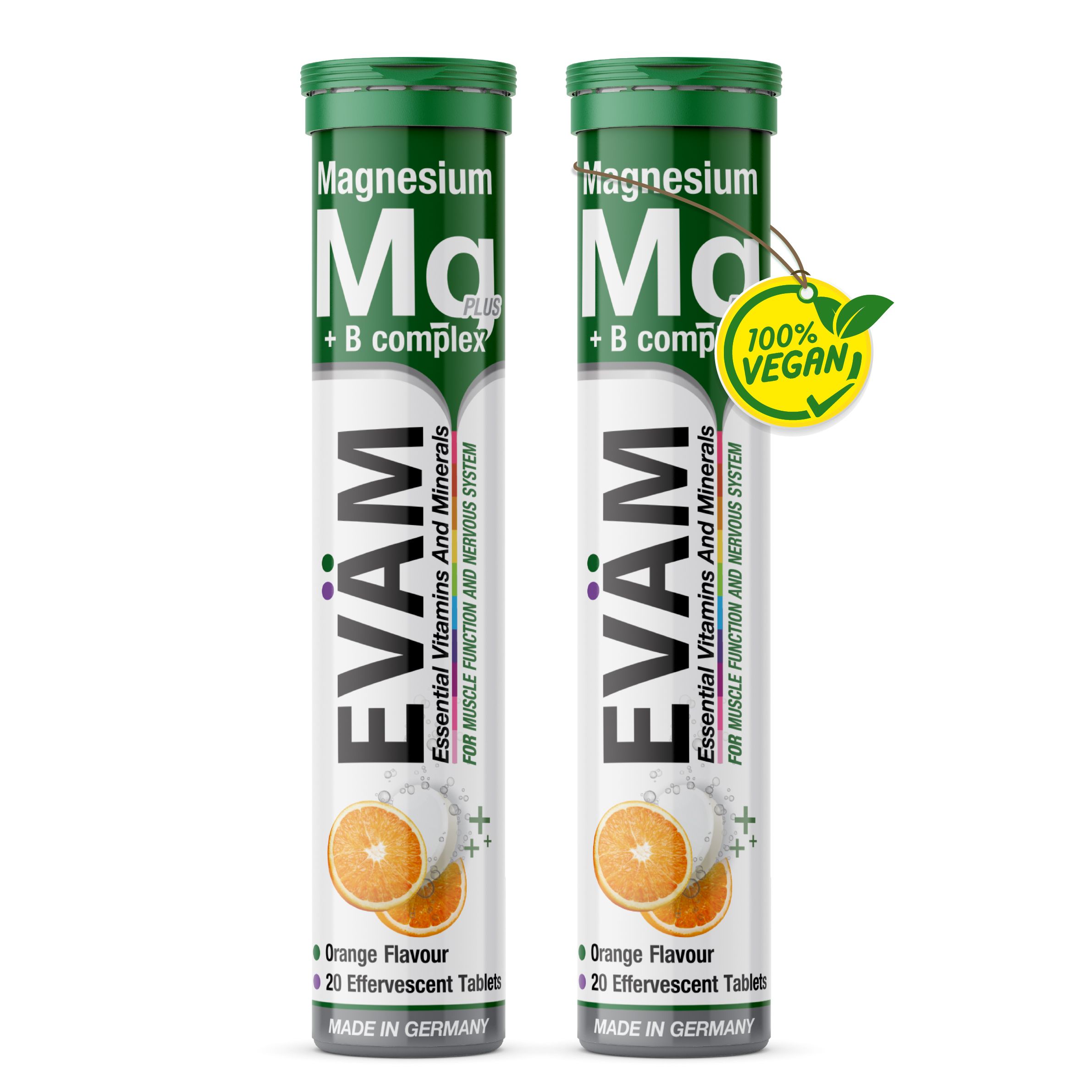 Zwei Tuben EVÄM Magnesium + B-Komplex Brausetabletten. Text: Magnesium + B-Komplex, EVÄM, Orangen-Aroma. Vegan-Siegel.