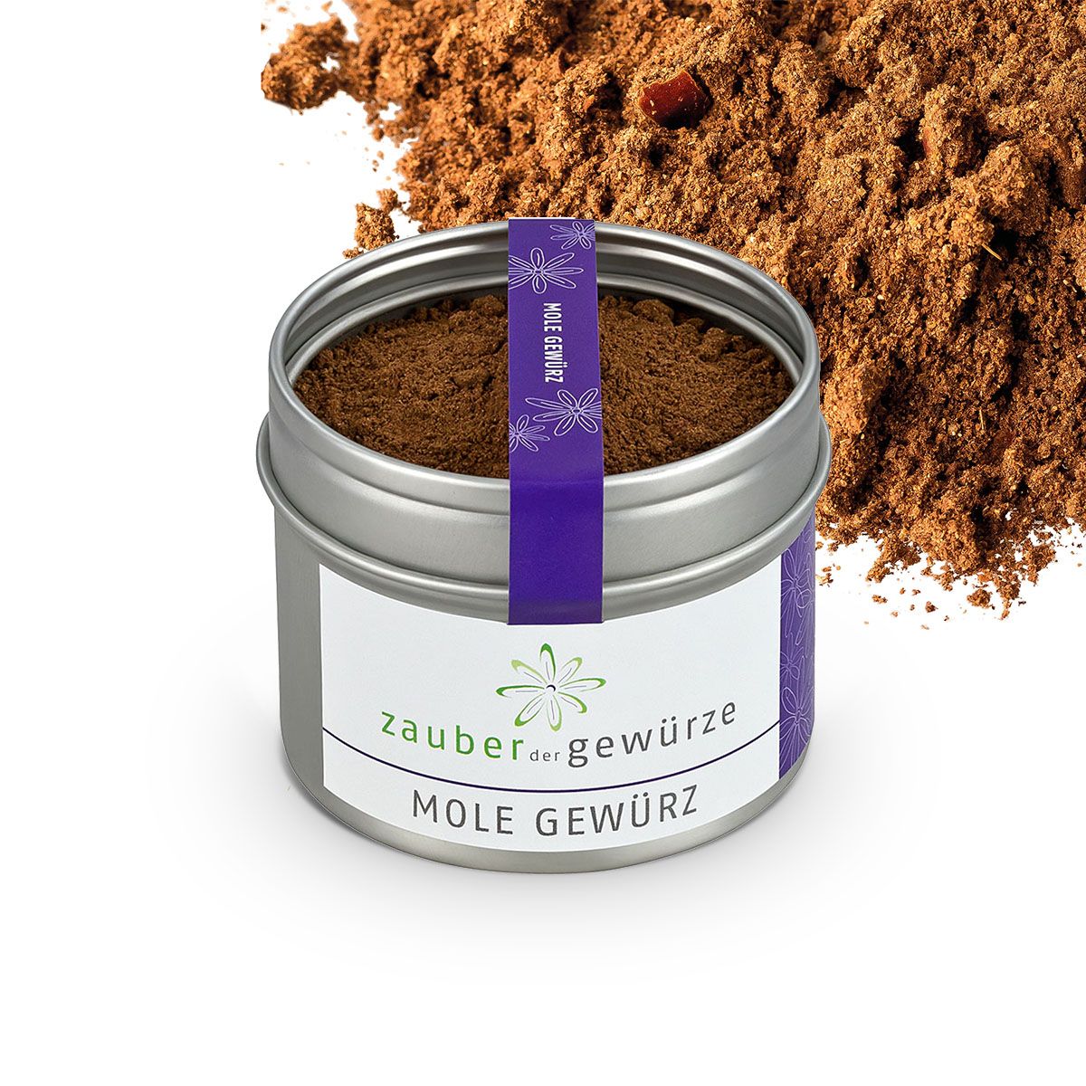 Runde Dose mit braunem Pulver. Aufkleber mit "Zauber der Gewürze Mole Gewürz". Lila Band mit Schriftzug. Braunes Pulver im Hintergrund.