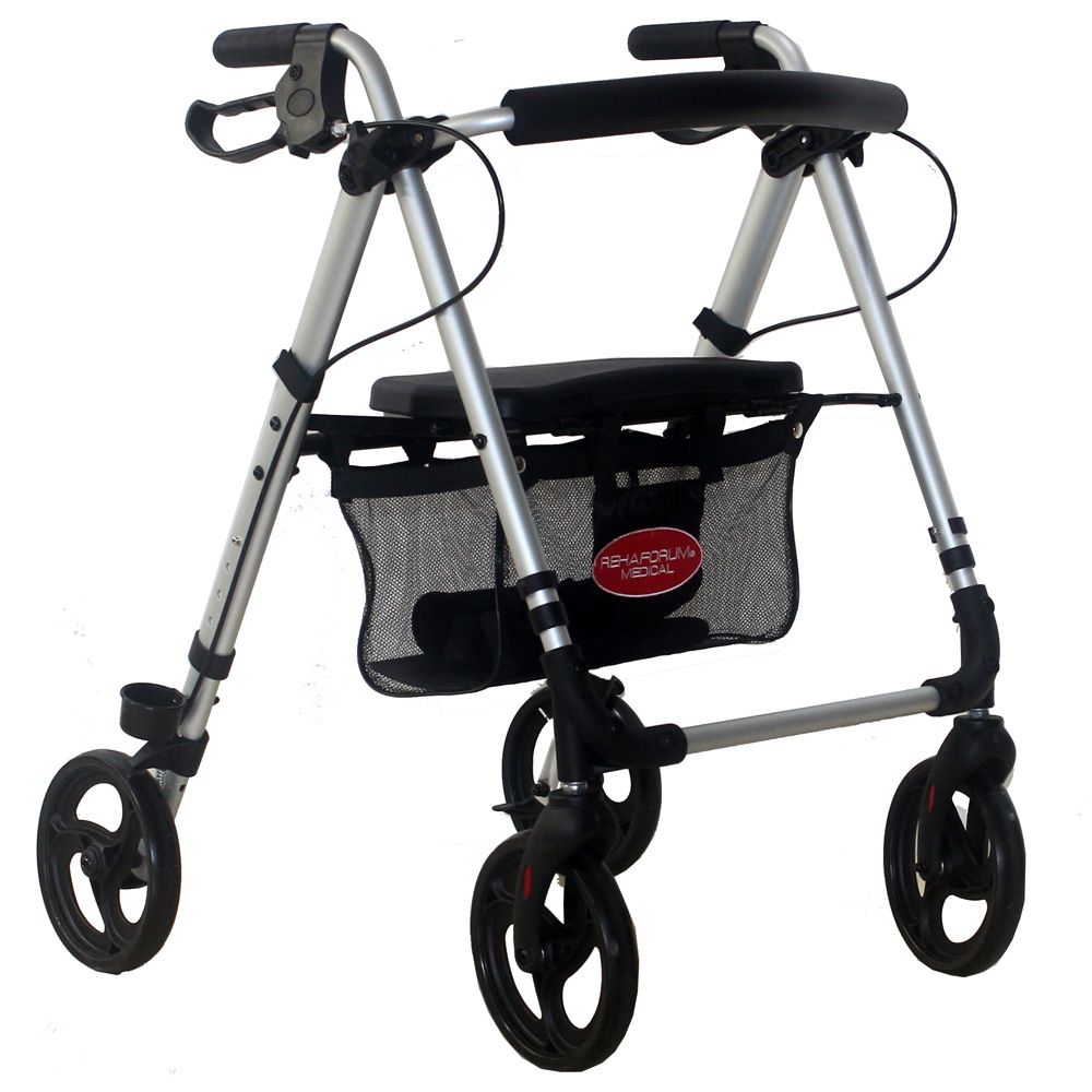 Leichtgewichtrollator silber. Vier Räder, Sitzfläche, Korb, Handgriffe. Rehaforum Medical Logo.