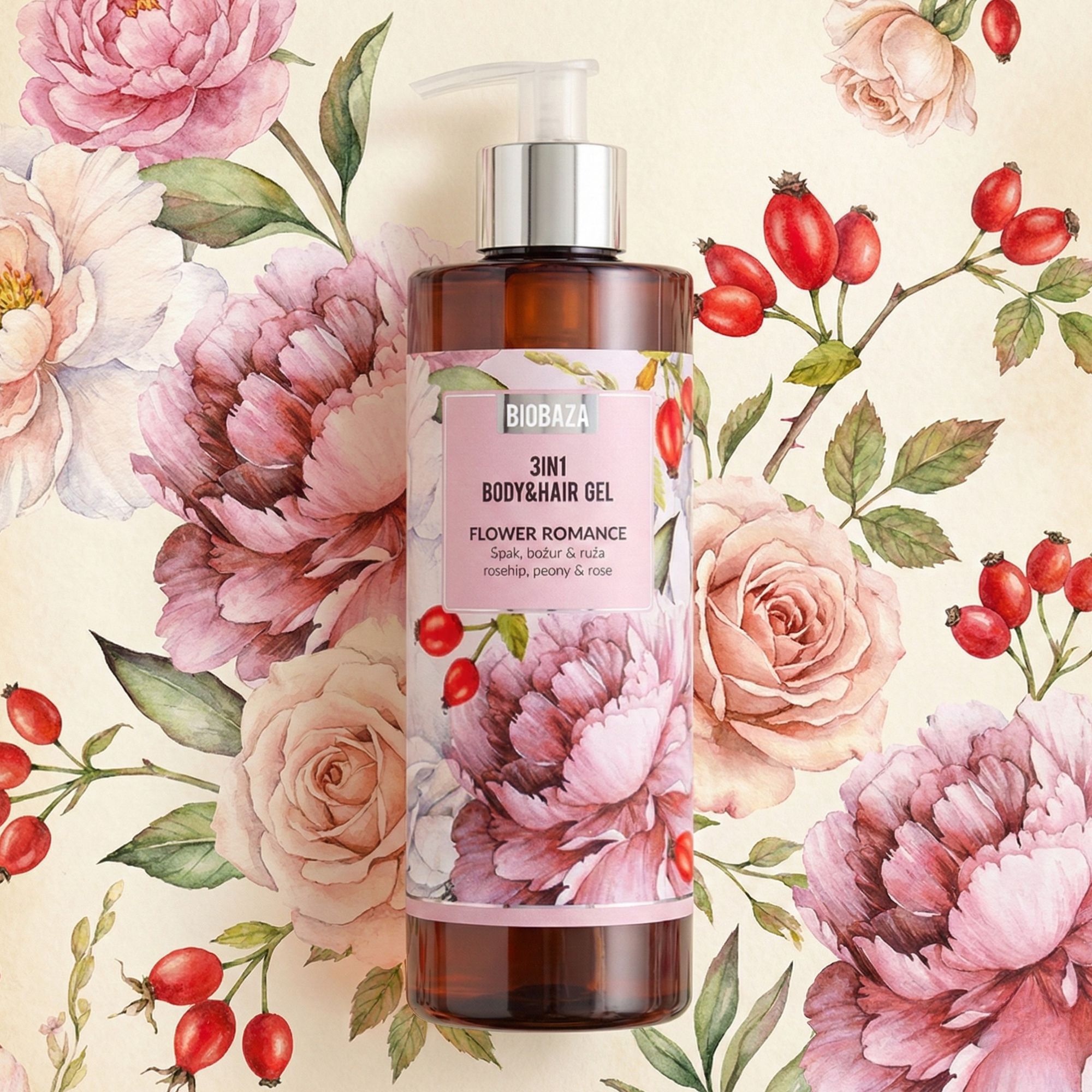 Braune Flasche mit Pumpe. Aufkleber mit Produktname und floralem Design. Hintergrund mit Blumen.