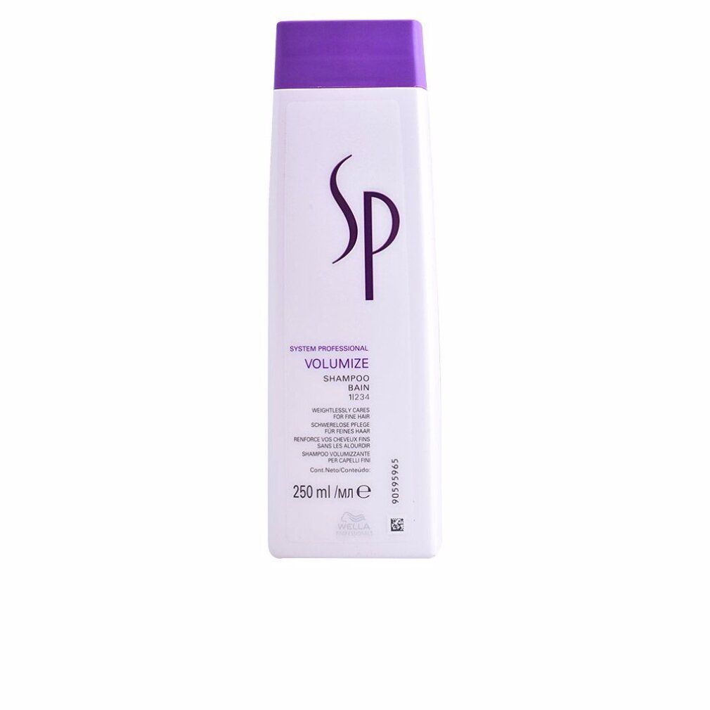 Weißes Shampoo mit lila Deckel. Aufschrift: SP, Volumize Shampoo, 250 ml. Wella-Logo.