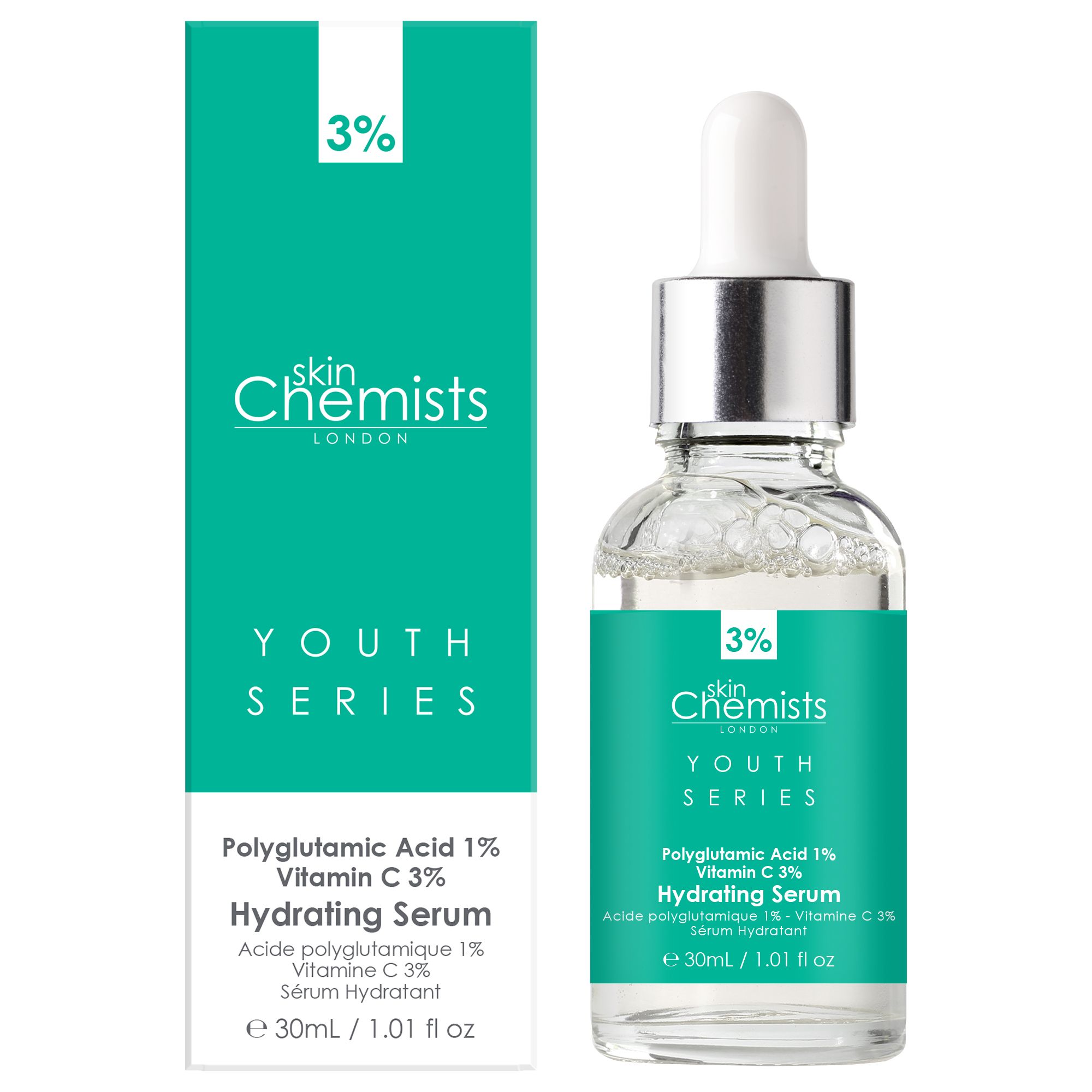 Serumflasche und Verpackung. Grün-weißes Design. Aufschrift: skinChemists, Youth Series, Hydrating Serum, Polyglutaminsäure 1%, Vitamin C 3%.