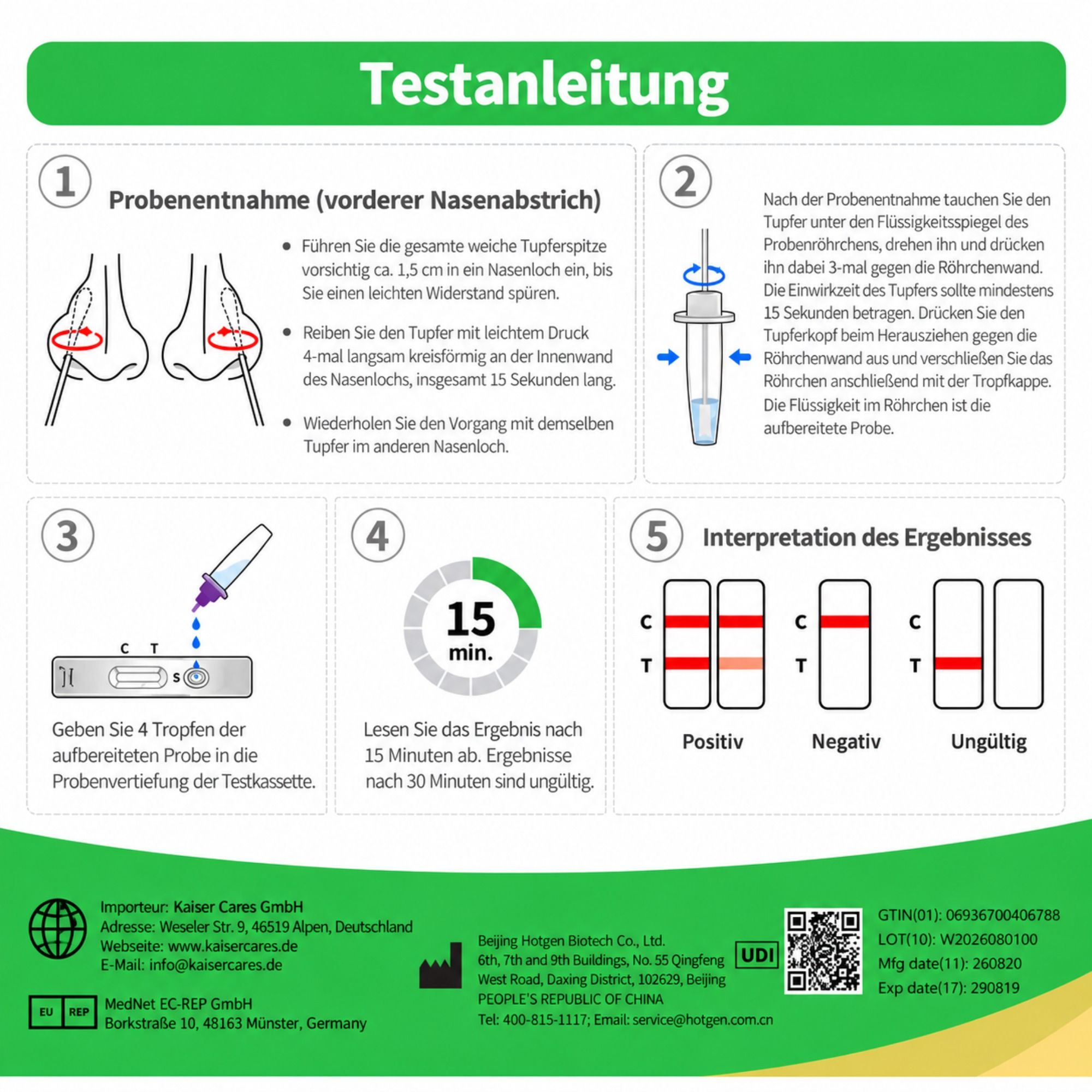 Anleitung für Hotgen SARS-CoV-2 Antigen Schnelltest: Probenentnahme, Testdurchführung und Ergebnisinterpretation (positiv, negativ, ungültig).