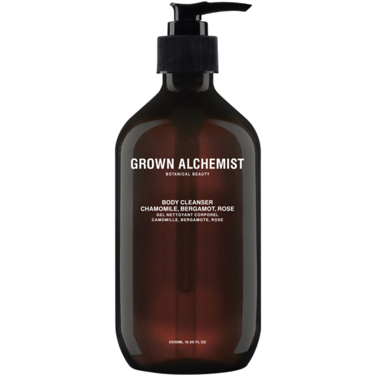 Braune Flasche mit schwarzem Pumpverschluss. Aufschrift: Grown Alchemist, Body Cleanser, Kamille, Bergamotte, Rose.