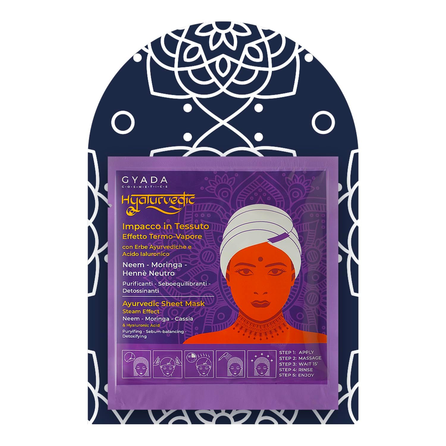 Gyada Cosmetics Hyalurvedic Tuchmaske mit Wärme-Effekt, mit ayurvedischen Kräutern und Hyaluronsäure.