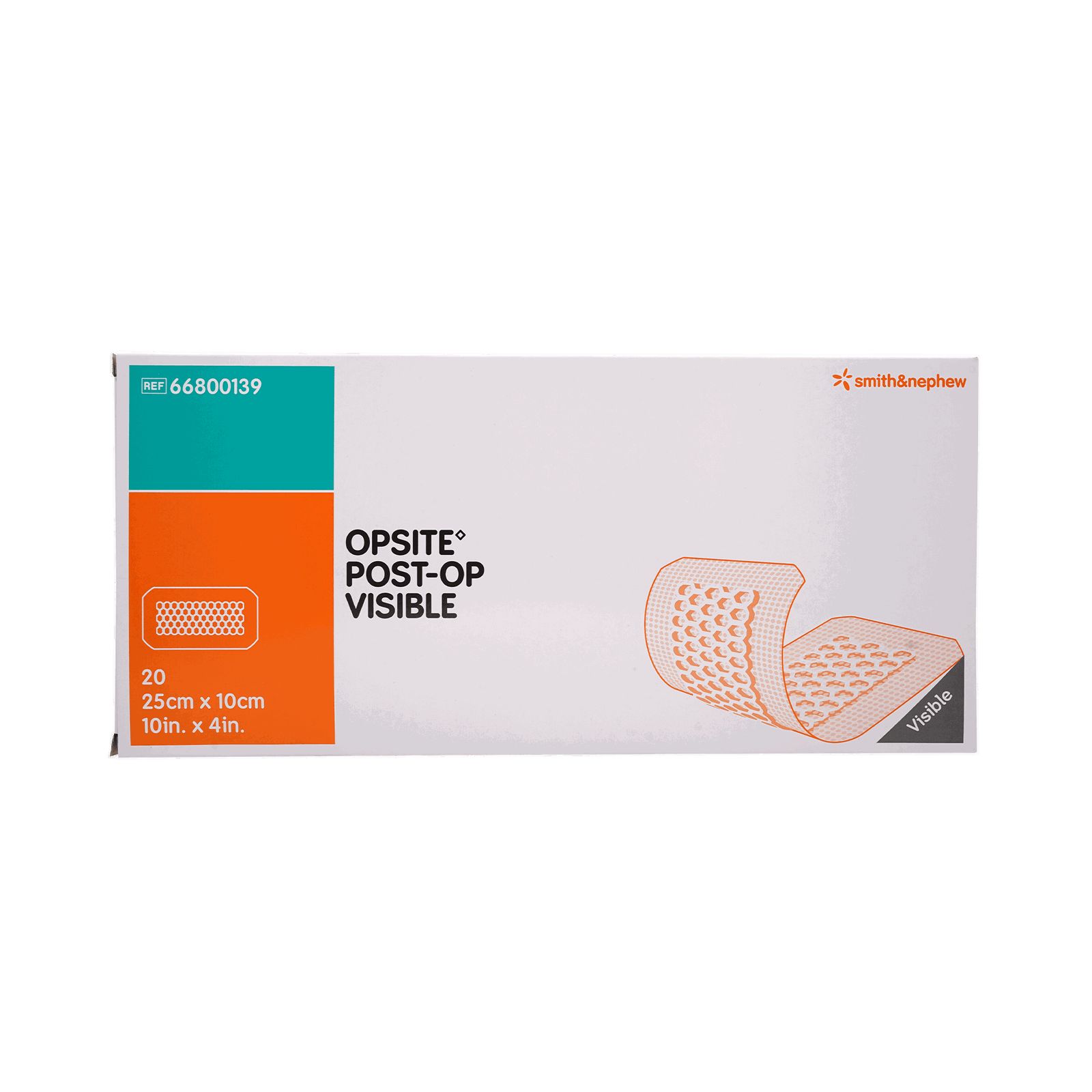 Verpackung mit Verband. Aufschrift OPSITE POST-OP VISIBLE, 20 Stück, 25cm x 10cm. Smith & Nephew Logo. Gezeigt ist ein Verband.