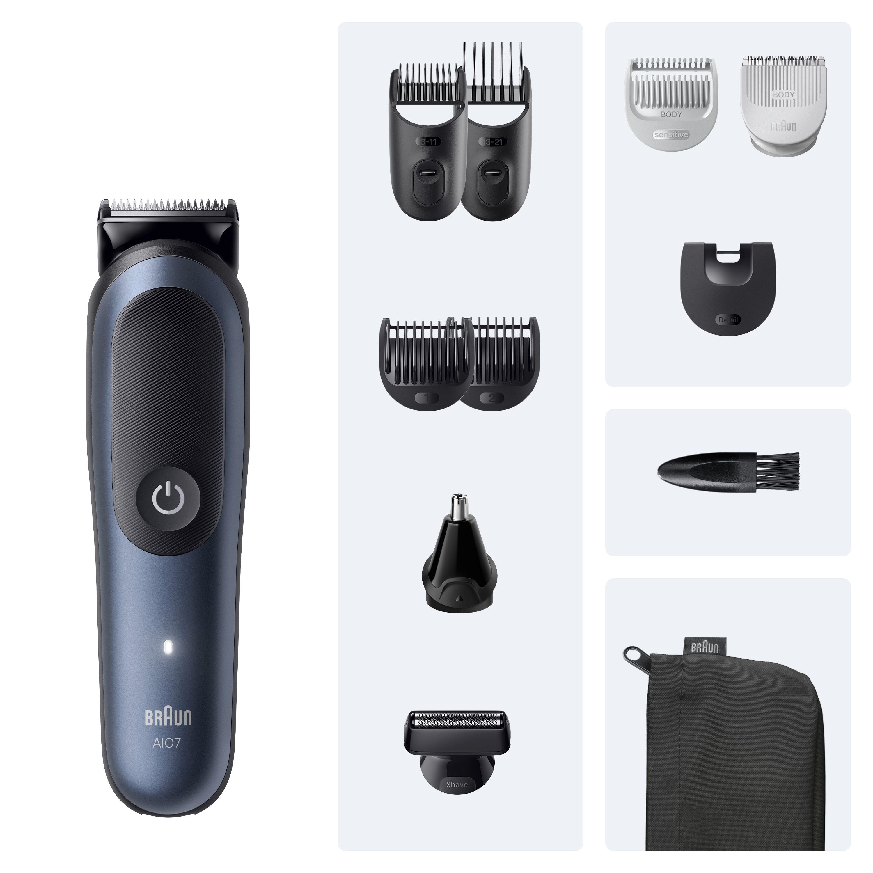 Braun Series 7 AIO7540 Trimmer, blau-schwarz. Zubehör: Aufsätze, Nasenhaartrimmer, Tasche.