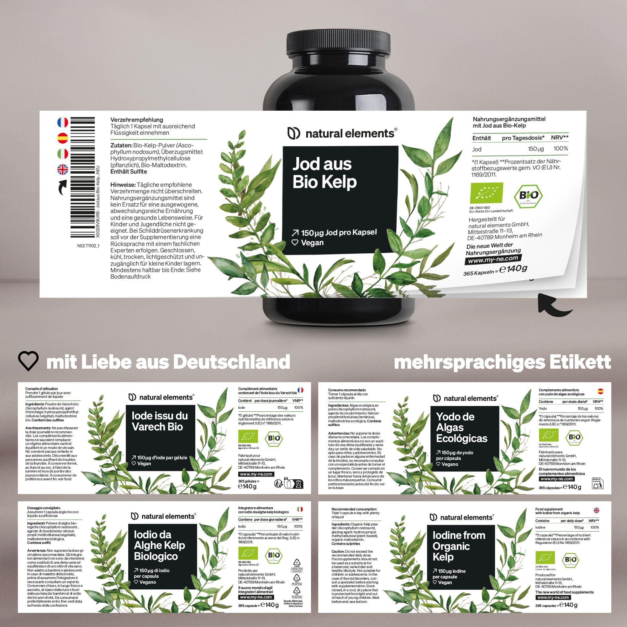 natural elements Jod aus Bio-Kelp – 365 Kapseln – 150µg Jod aus Braunalgen – für die Schilddrüse