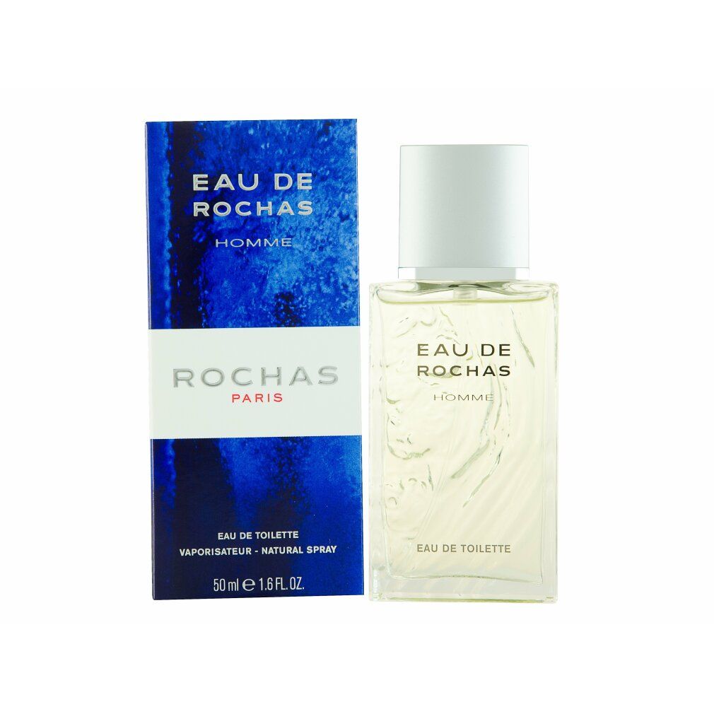 Flakon und Verpackung von Eau de Rochas. Aufschrift: Eau de Rochas Homme, Eau de Toilette, 50 ml.