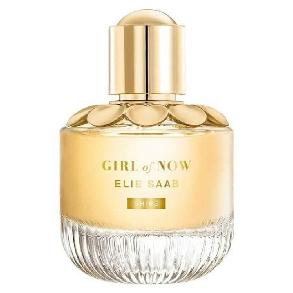 Parfümflakon mit goldfarbenem Deckel und Schriftzug. Aufschrift: GIRL of NOW, ELIE SAAB, SHINE.
