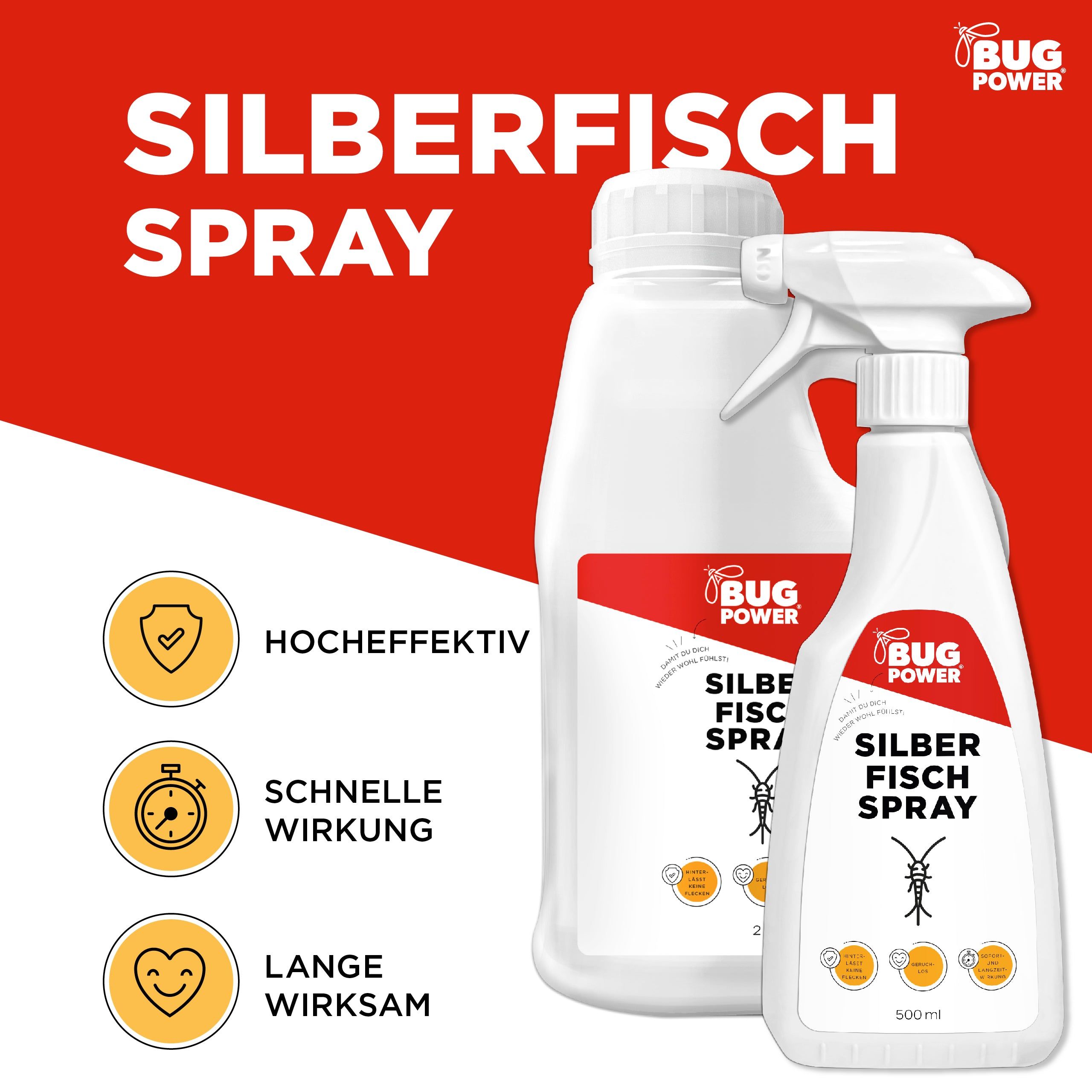Zwei weiße Flaschen, eine große und eine Sprühflasche, vor rotem Hintergrund. Text: SILBER FISCH SPRAY, BUG POWER. Symbole: Schutzschild, Uhr, Herz.