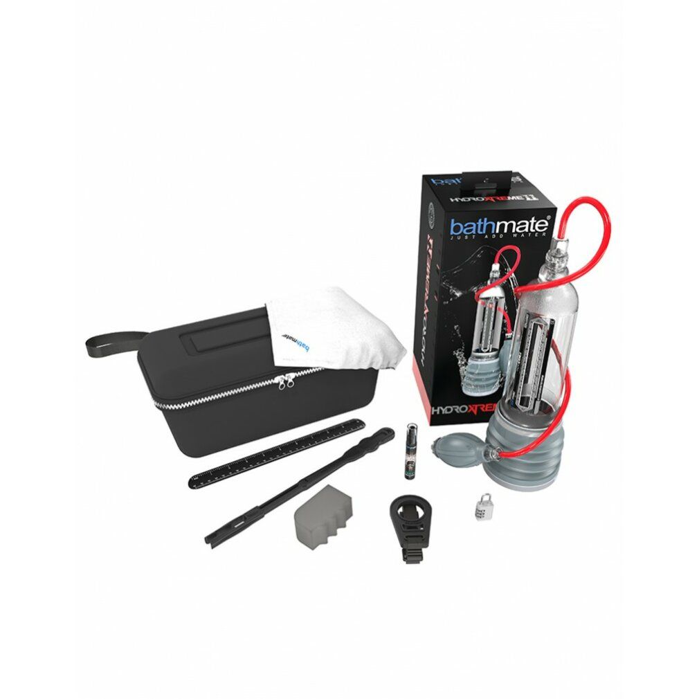 Produkt und Zubehör. Schwarze Tasche, Stäbe, Zylinder, Zubehörteile und Verpackung.
