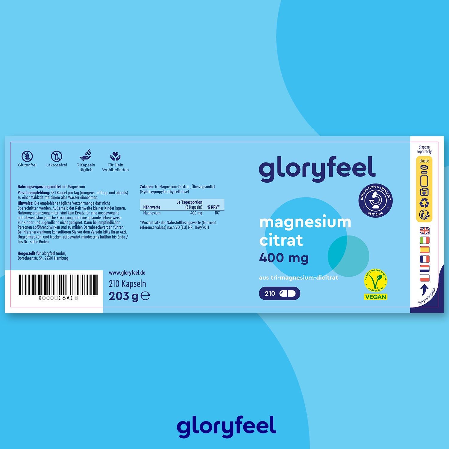 Gloryfeel Magnesium Citrat 400 mg. Hellblaue Verpackung mit Produktinformationen. Enthält 210 Kapseln. Vegan zertifiziert.